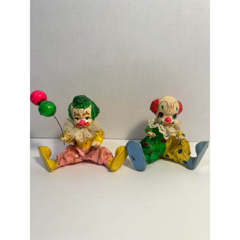 Vintage Pair Seated Clown Figurines With Balloons Colorful Circus Decor